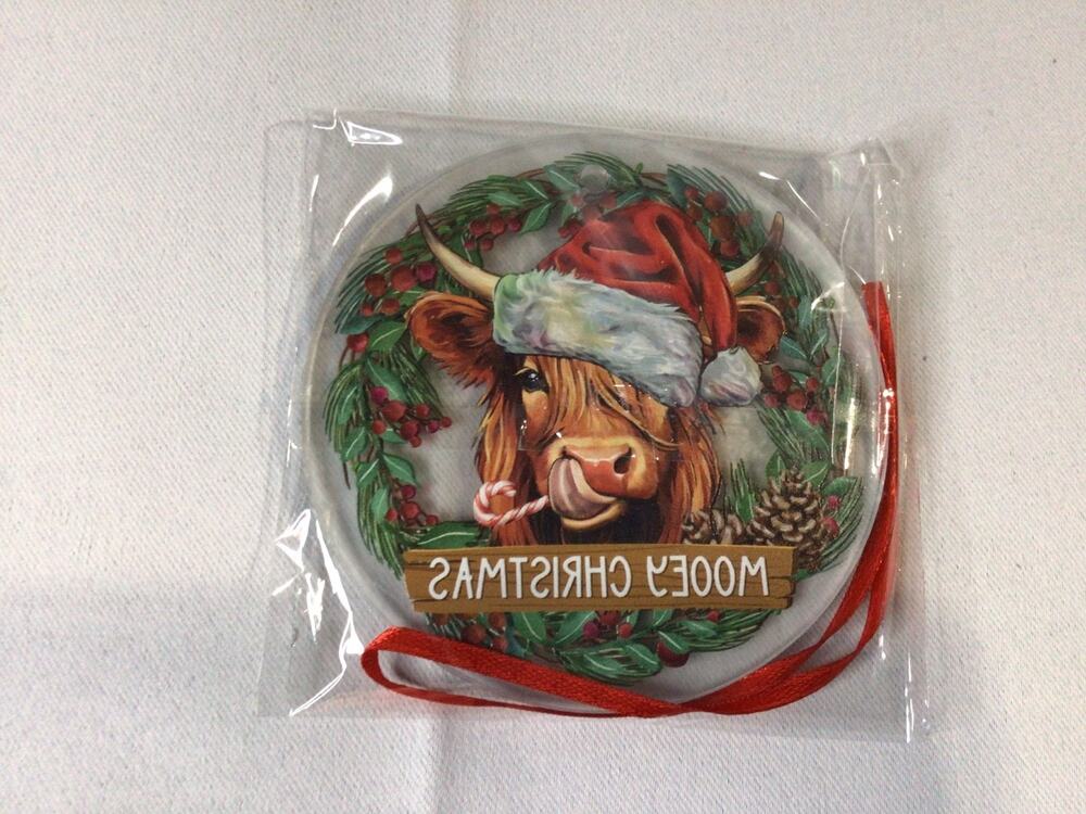 Highland Cow Christmas Ornament Santa Hat Candy Cane Mooey Christmas